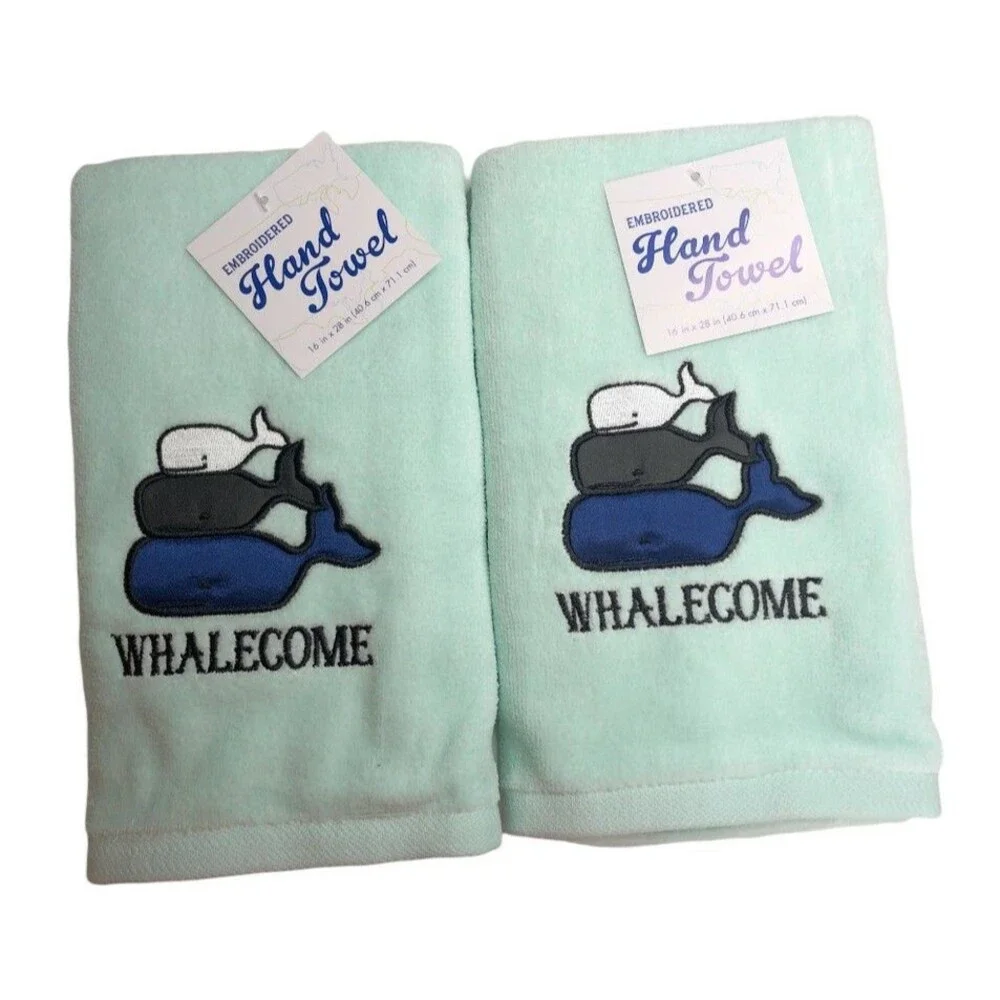 Whale Hand Towels Embroidered Bath Summer Beach Mint Green Set of 2 Whales